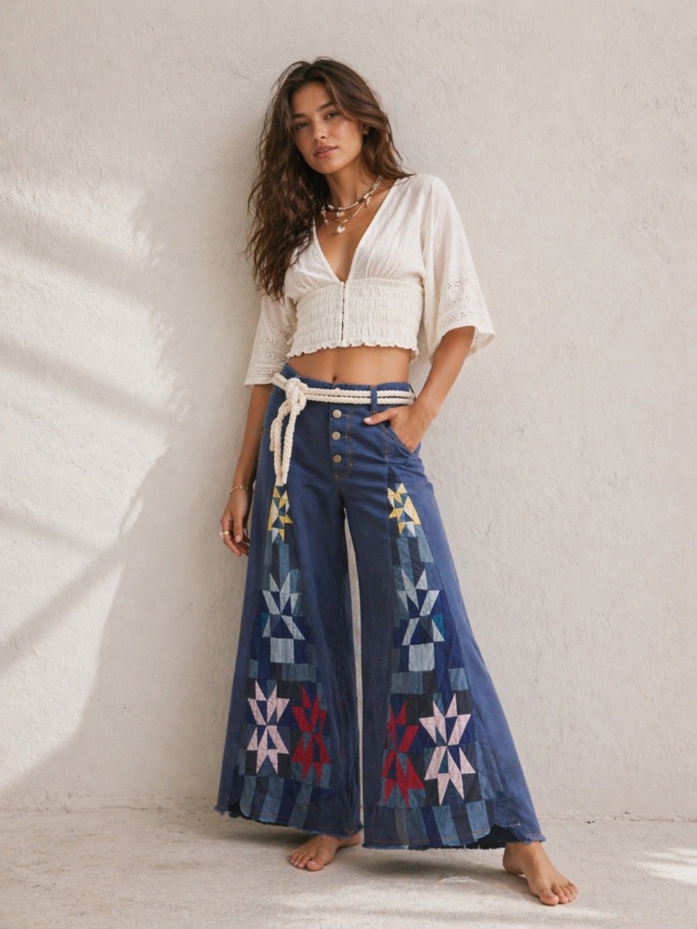 We the Free Boho Wide-Leg Embroidered Kaleidoscope Denim Pants - Blue
